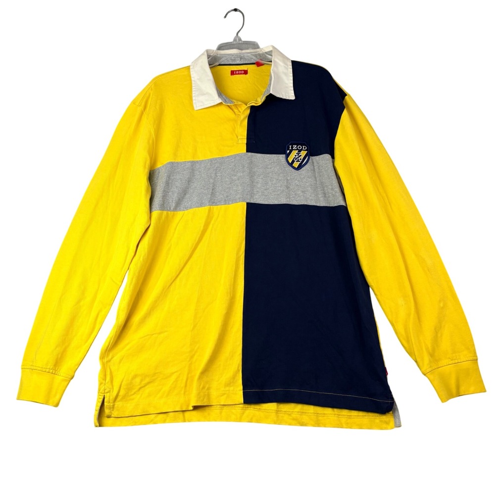 IZOD Large Yellow Navy Colorblock Rugby Shirt Heavy Jersey Retro *New with Flaw